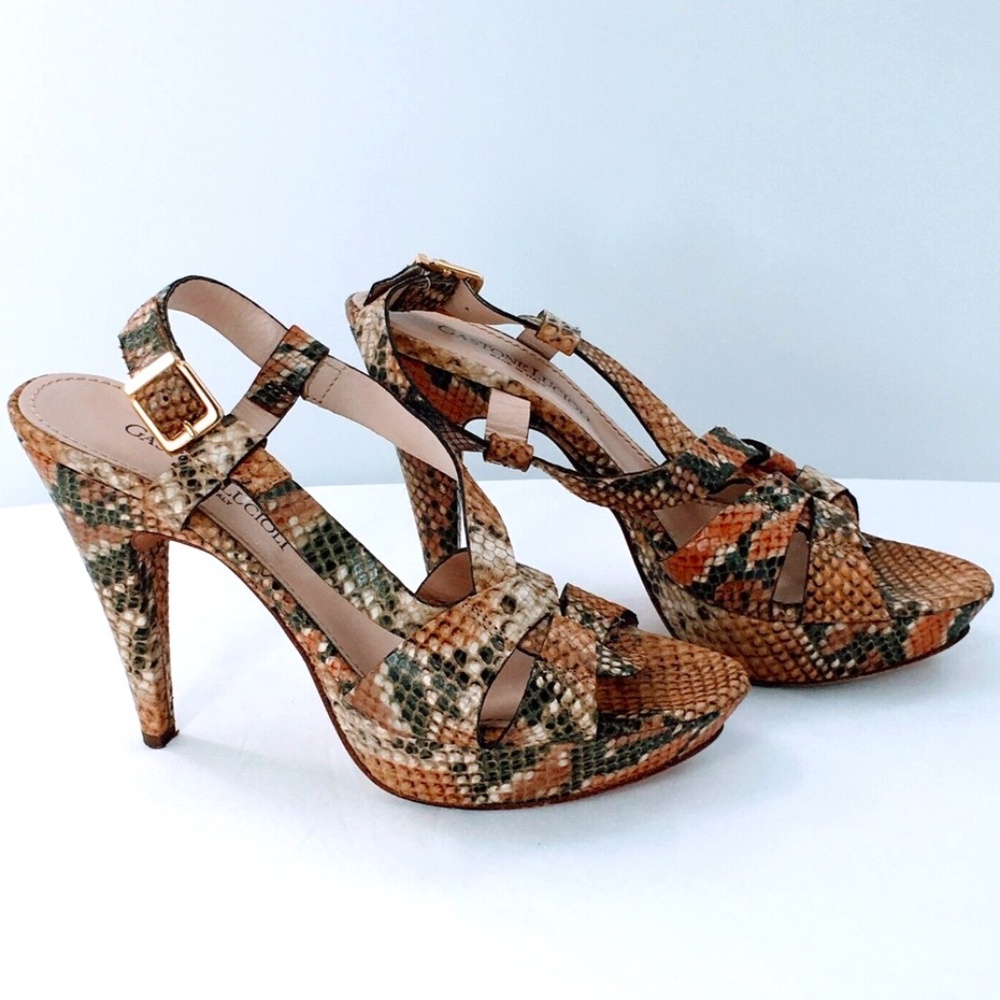 Gastone Lucioli Snakeskin Platform Sandal Leather Sling Back Peep Toe Sz 8.5